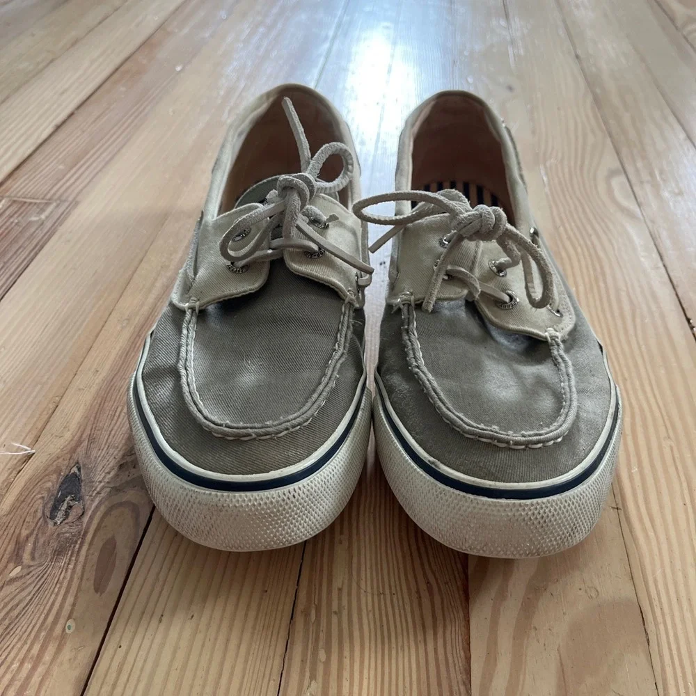 Sperry Top-Sider Bahama Boat Shoes Men 10 Olive Green Beige Canvas Casual Loafer